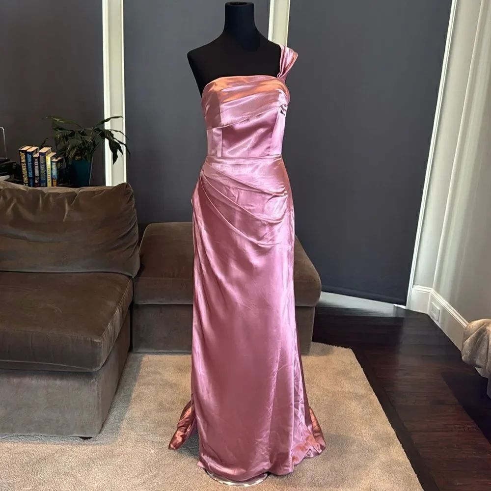 Women’s Pink One Shoulder Satin Dress Mermaid Fit Leg Slit Corset Size 8 *READ
